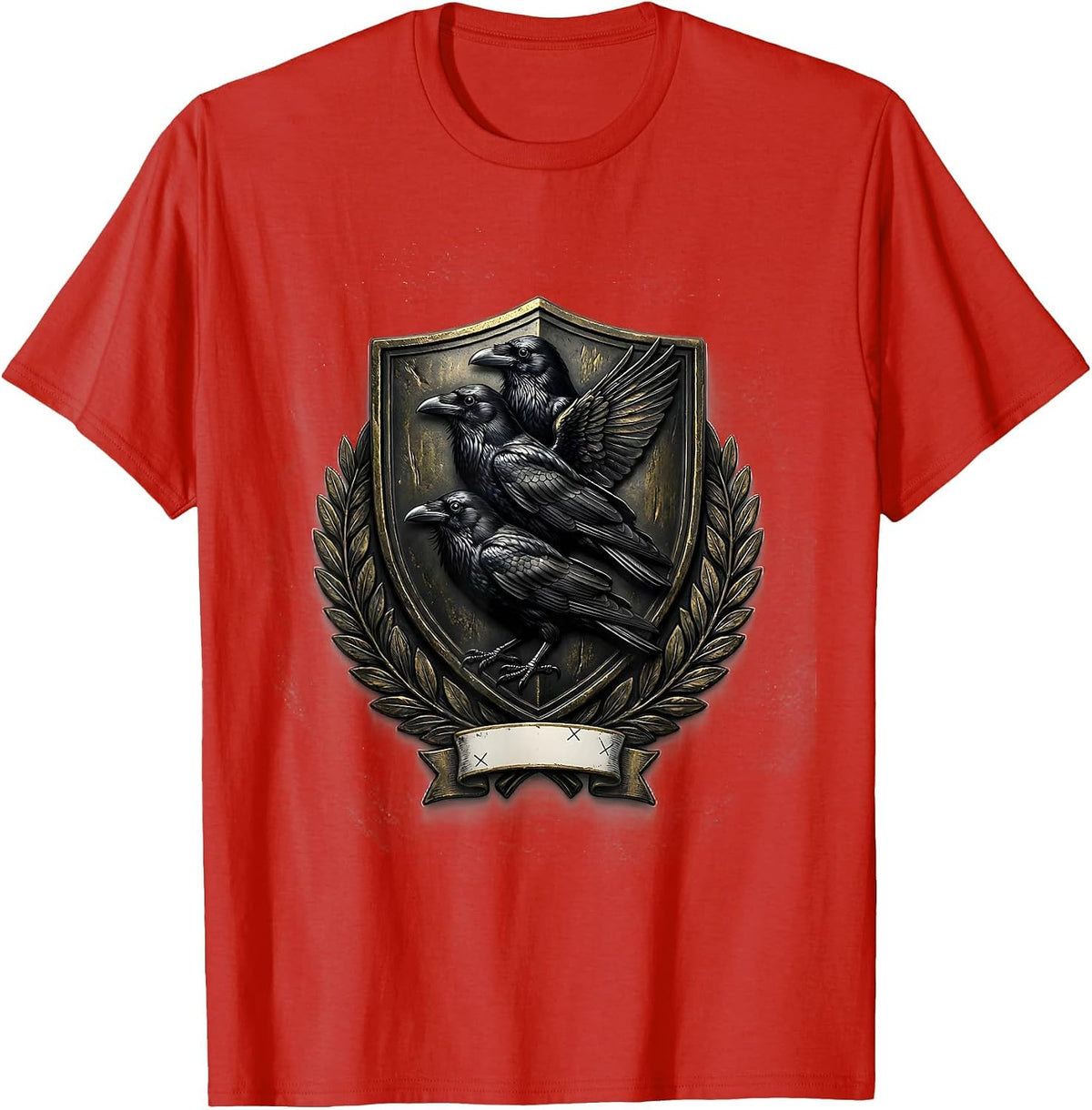 Men's Heraldic Crow Shield Dark Humor Bird Lover Emblem T-Shirt - Red