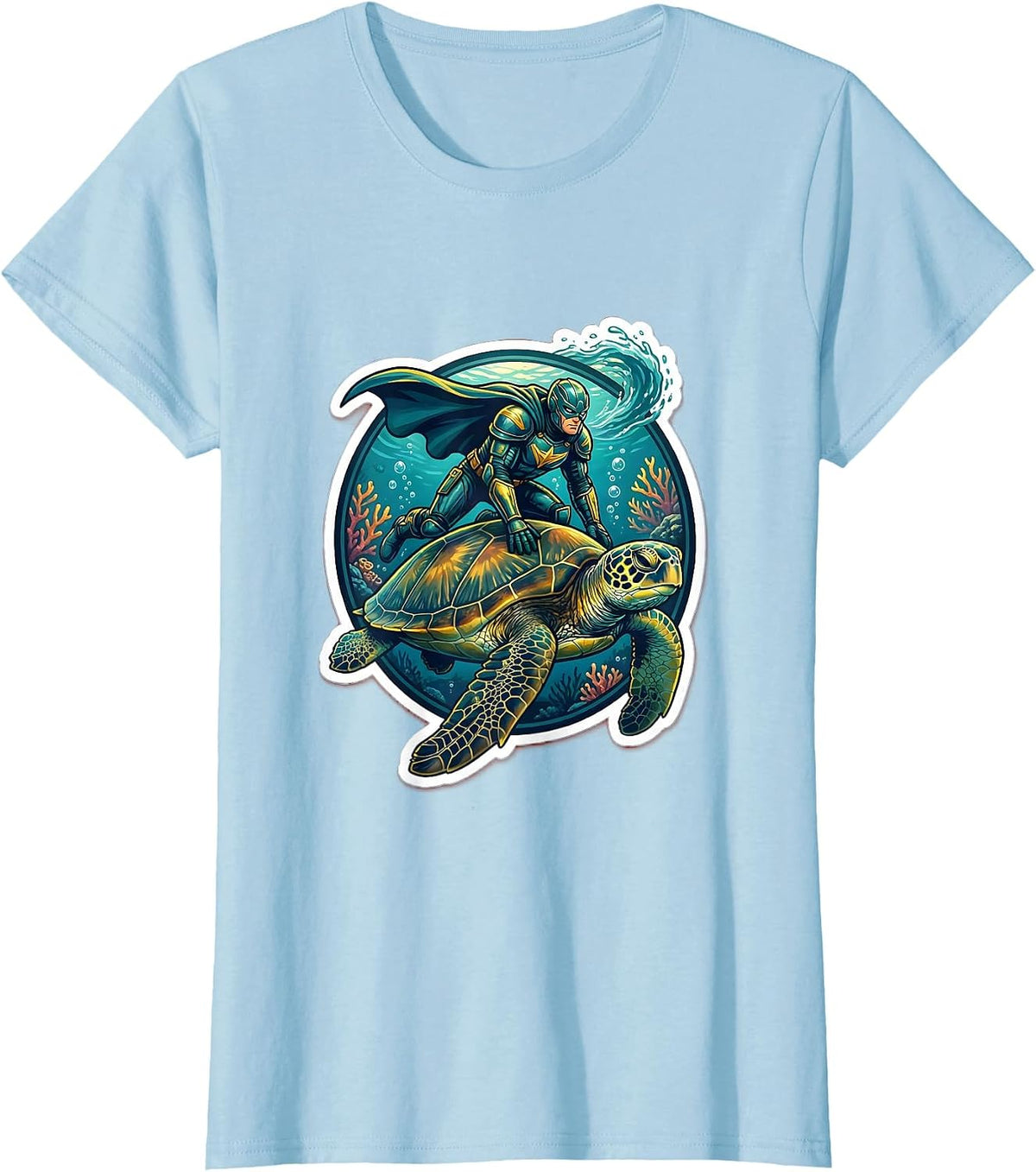 Women's Undersea Hero Riding Giant Sea Turtle Design T-Shirt - Baby Blue