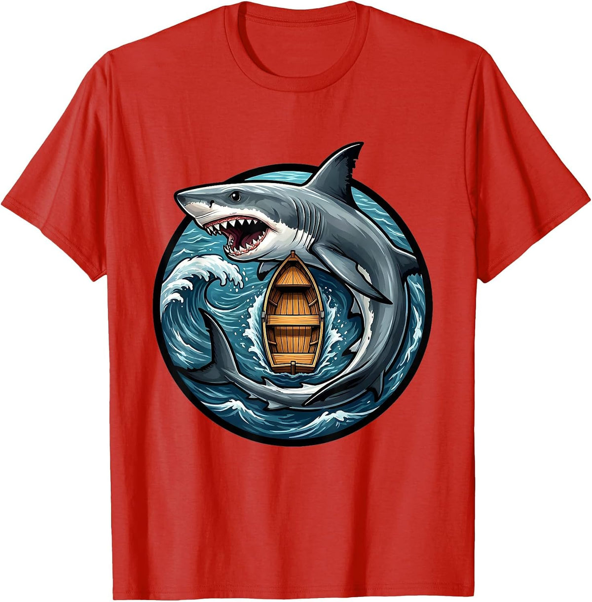 Men's Shark Circling Rowboat Aerial View Graphic T-Shirt - Red