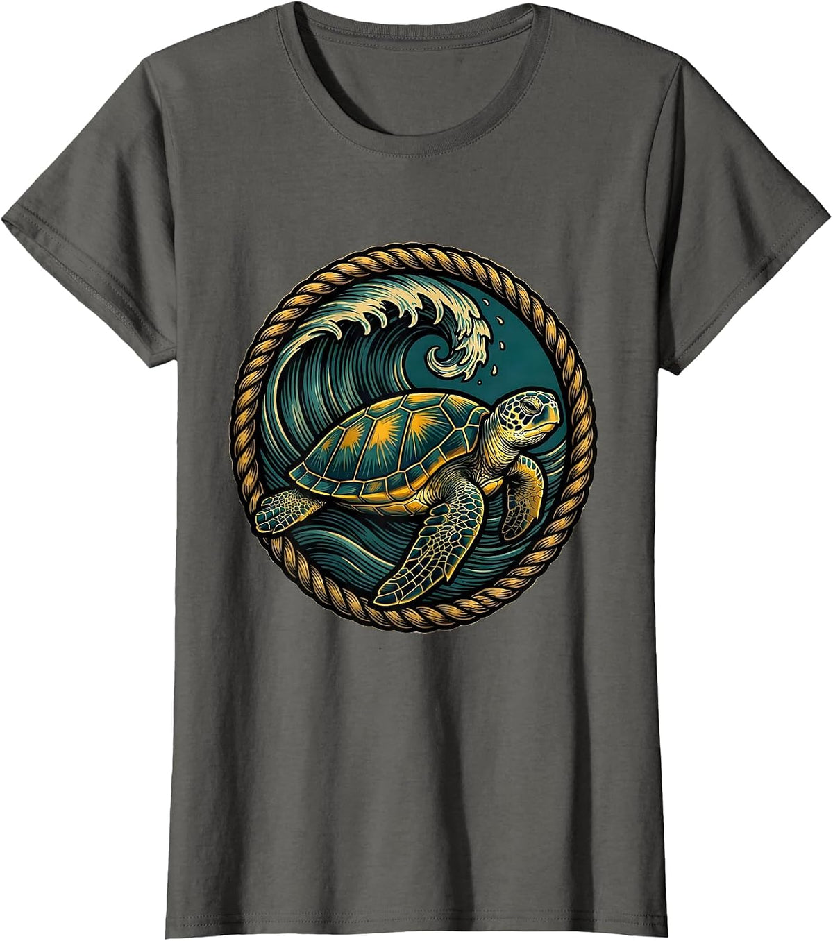 Women's Sea Turtle Under Breaking Wave Surf Design T-Shirt - Asphalt Grey