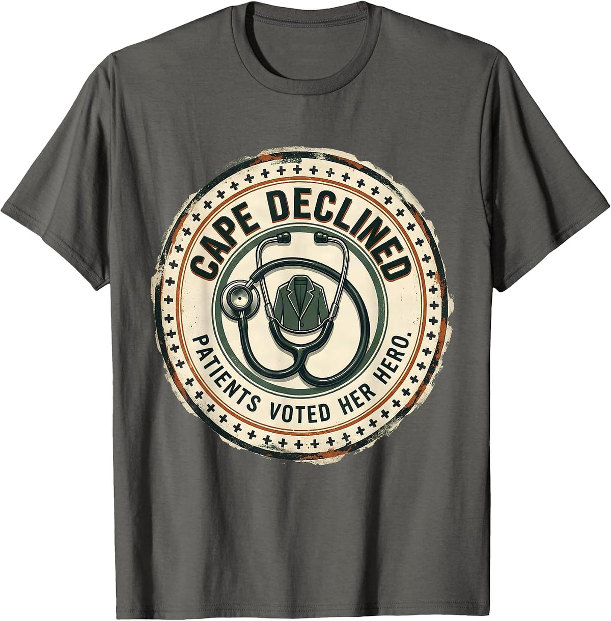 Men's Cape Declined, Patients Voted Her Hero Vintage Nurse Tribute T-Shirt - Asphalt Grey