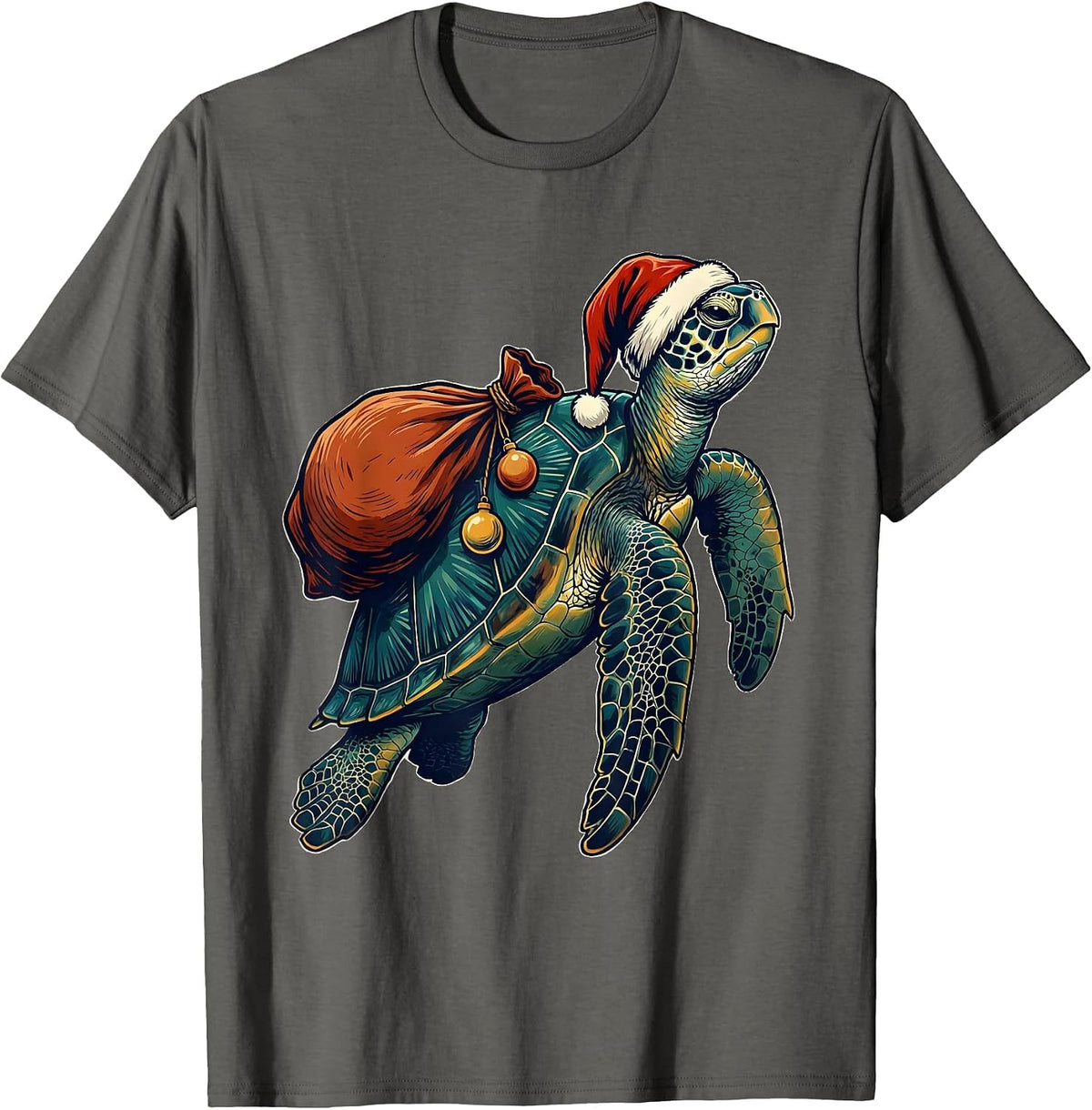 Men's Sea Turtle Santa Hat Whimsical Christmas Novelty T-Shirt - Asphalt Grey