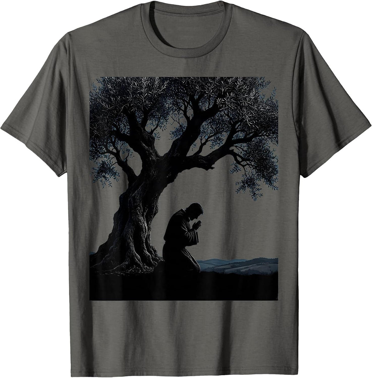 Jesus Kneeling in Garden at Night Illustration T-Shirt - Asphalt Grey