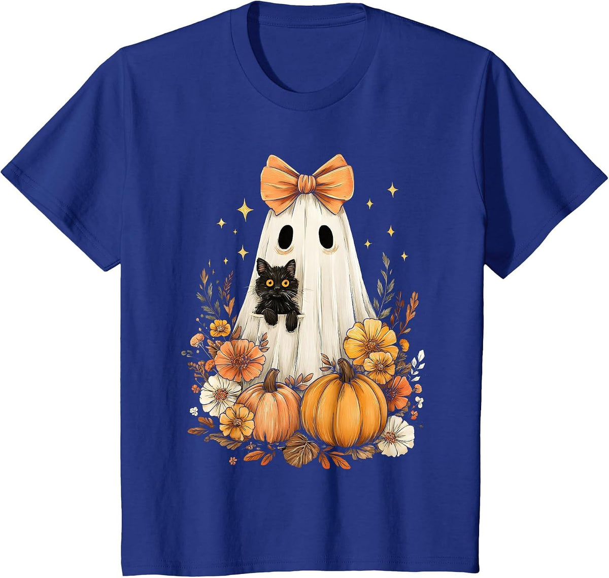 Halloween Vintage Cute Ghost Black Cat Pumpkins Floral T-Shirt - Royal Blue