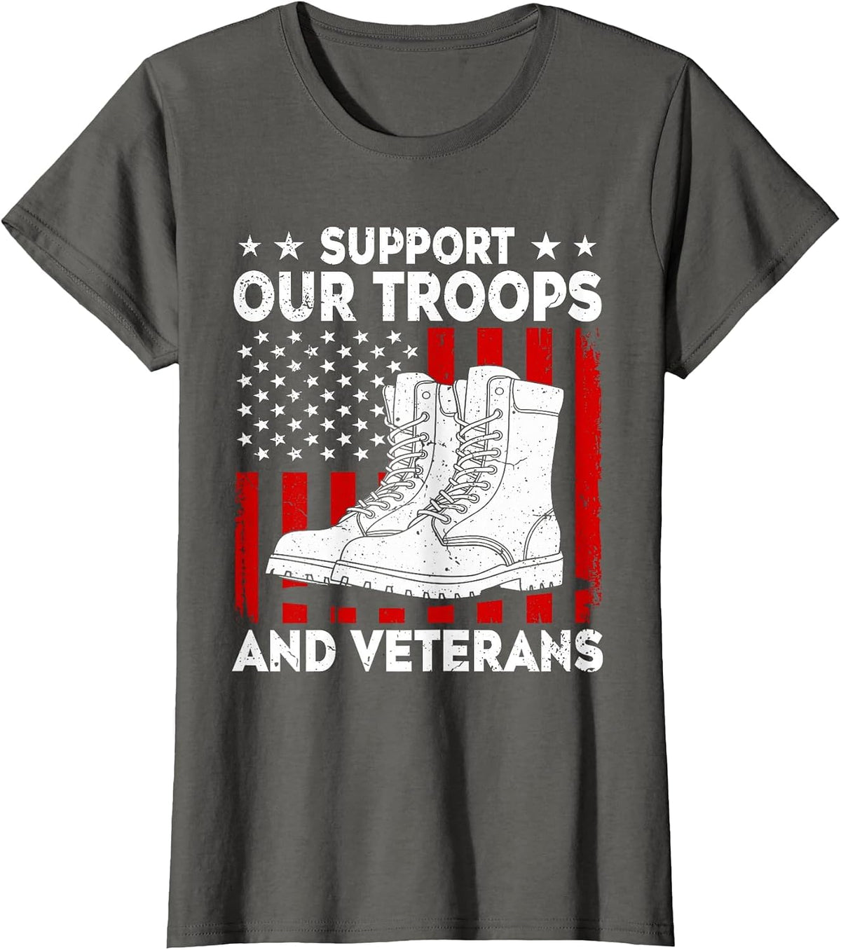 Support Our Troops and Veterans USA Flag Military Support T-Shirt - Asphalt Grey