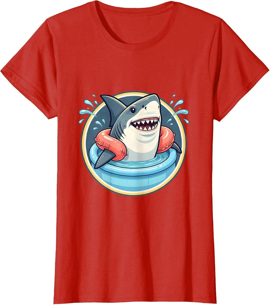 Women's Shark In Floaties Kiddie Pool Funny Illustration T-Shirt - Red