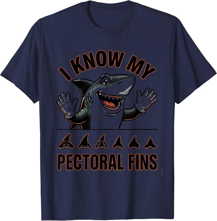 I Know My Pectoral Fins Retro Cartoon Shark Humor Ocean T-Shirt - Navy Blue