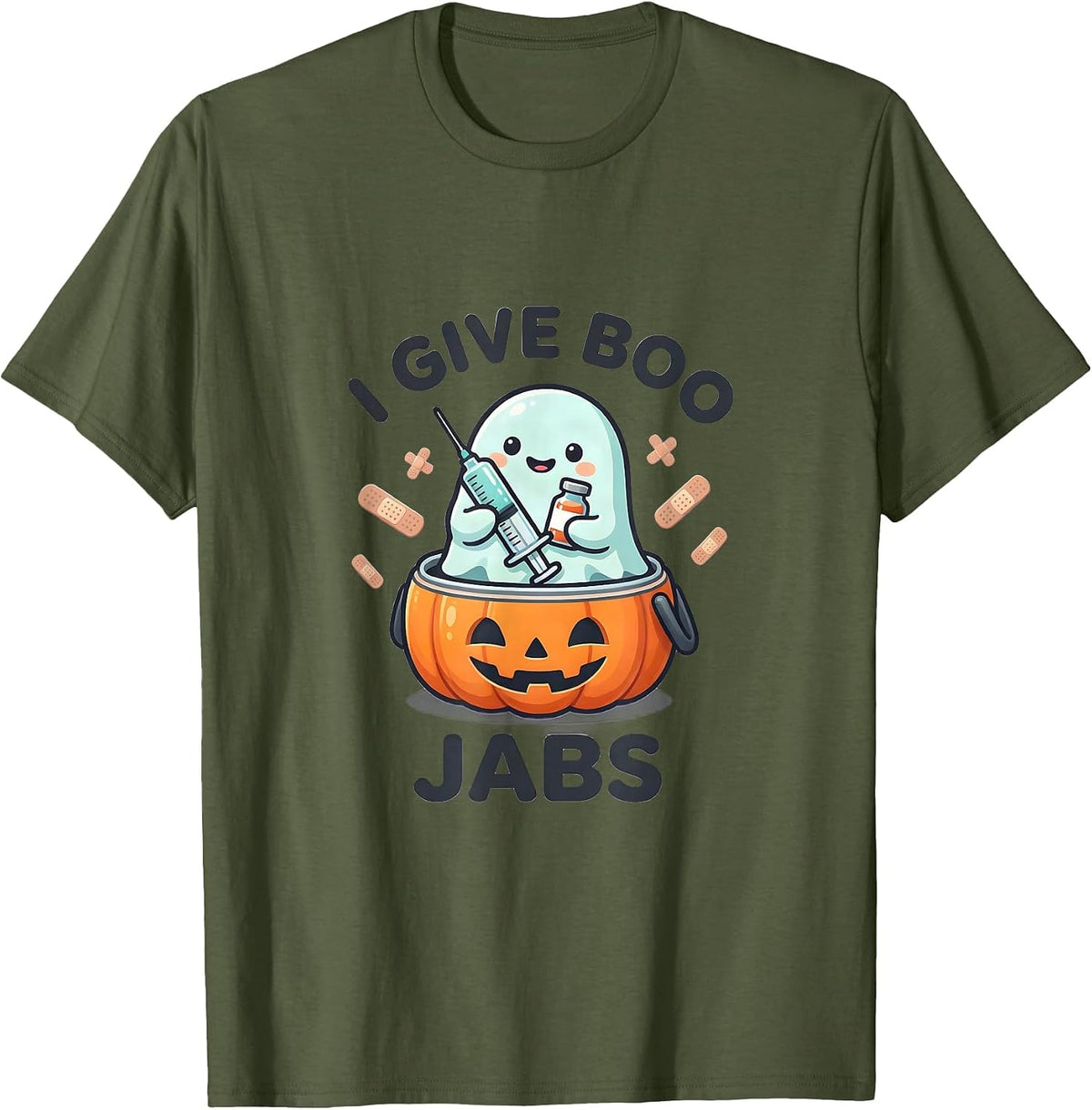 I Give Boo Jabs Funny Nurse Ghost Halloween Flu Shot T-Shirt - Olive Green