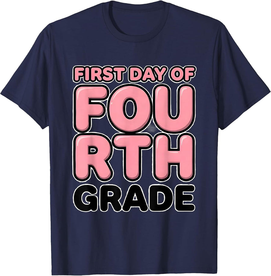 First Day Of Fourth Grade Coquette Back To School Girls Kids T-Shirt - Navy Blue