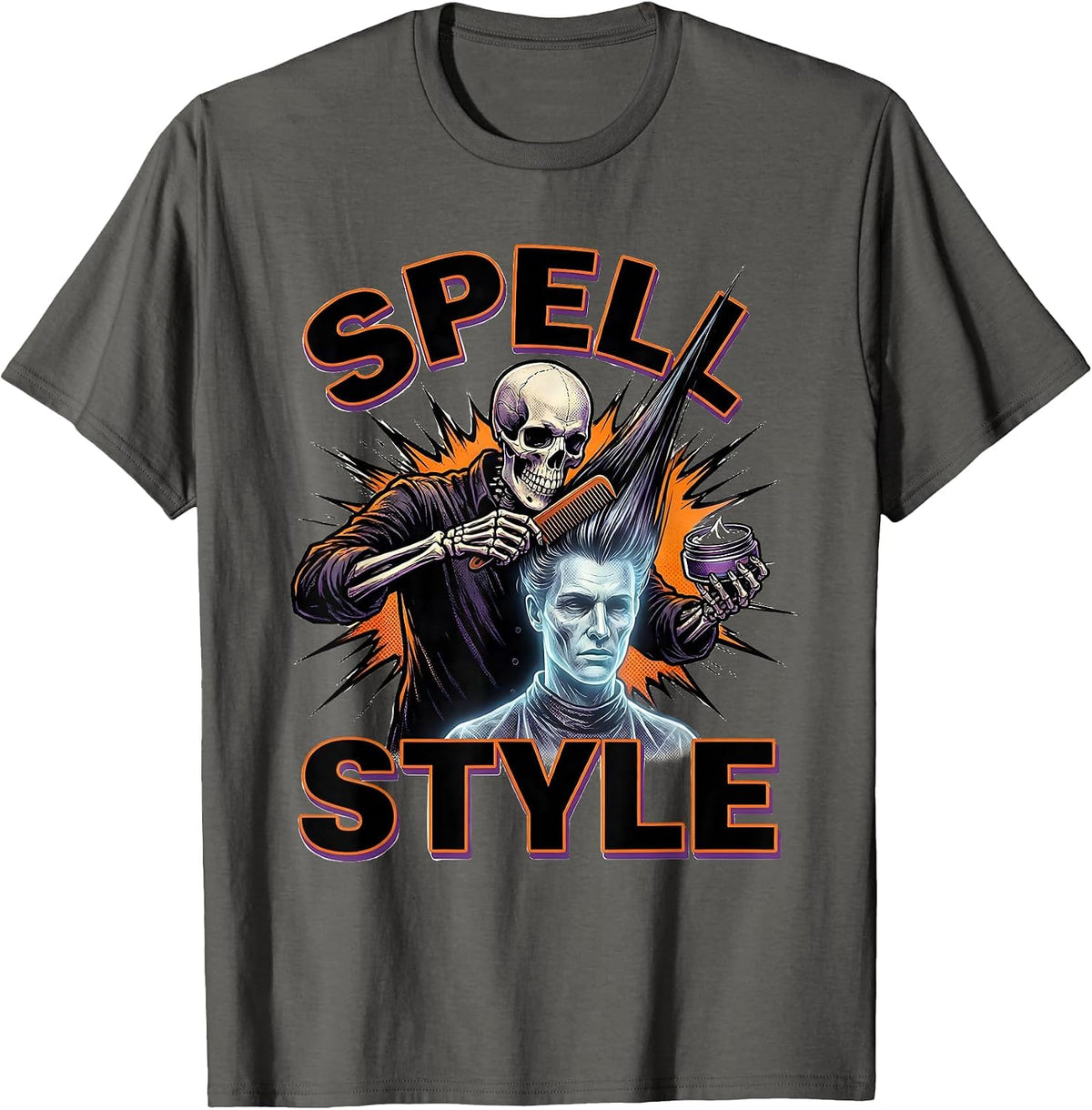 Spell Style Comic Book Skeleton Hairstylist Halloween Humor T-Shirt - Asphalt Grey
