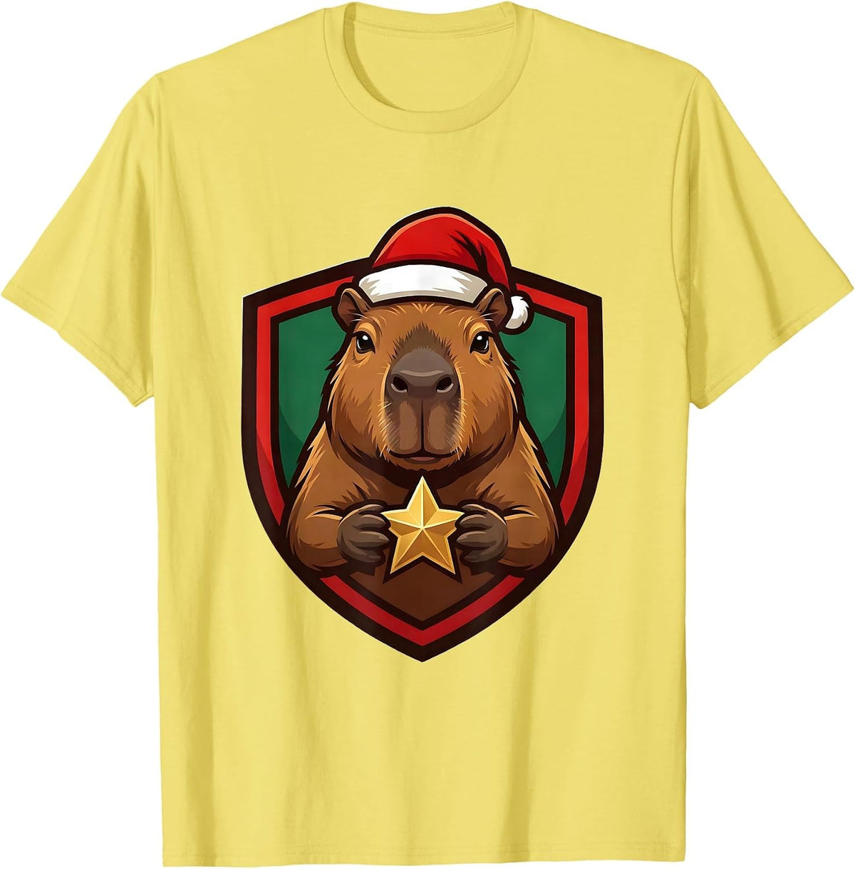Men's Capybara Santa Hat Shield Badge Cute Christmas Animal Lover T-Shirt - Lemon Yellow