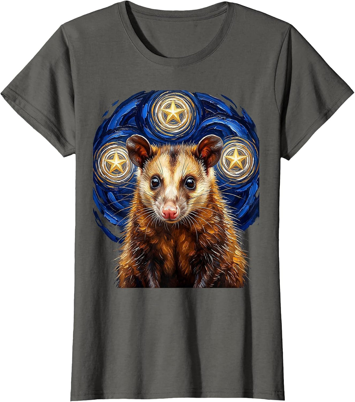 Women's Virginia Opossum Starry Night Animal Lover Surrealism T-Shirt - Asphalt Grey