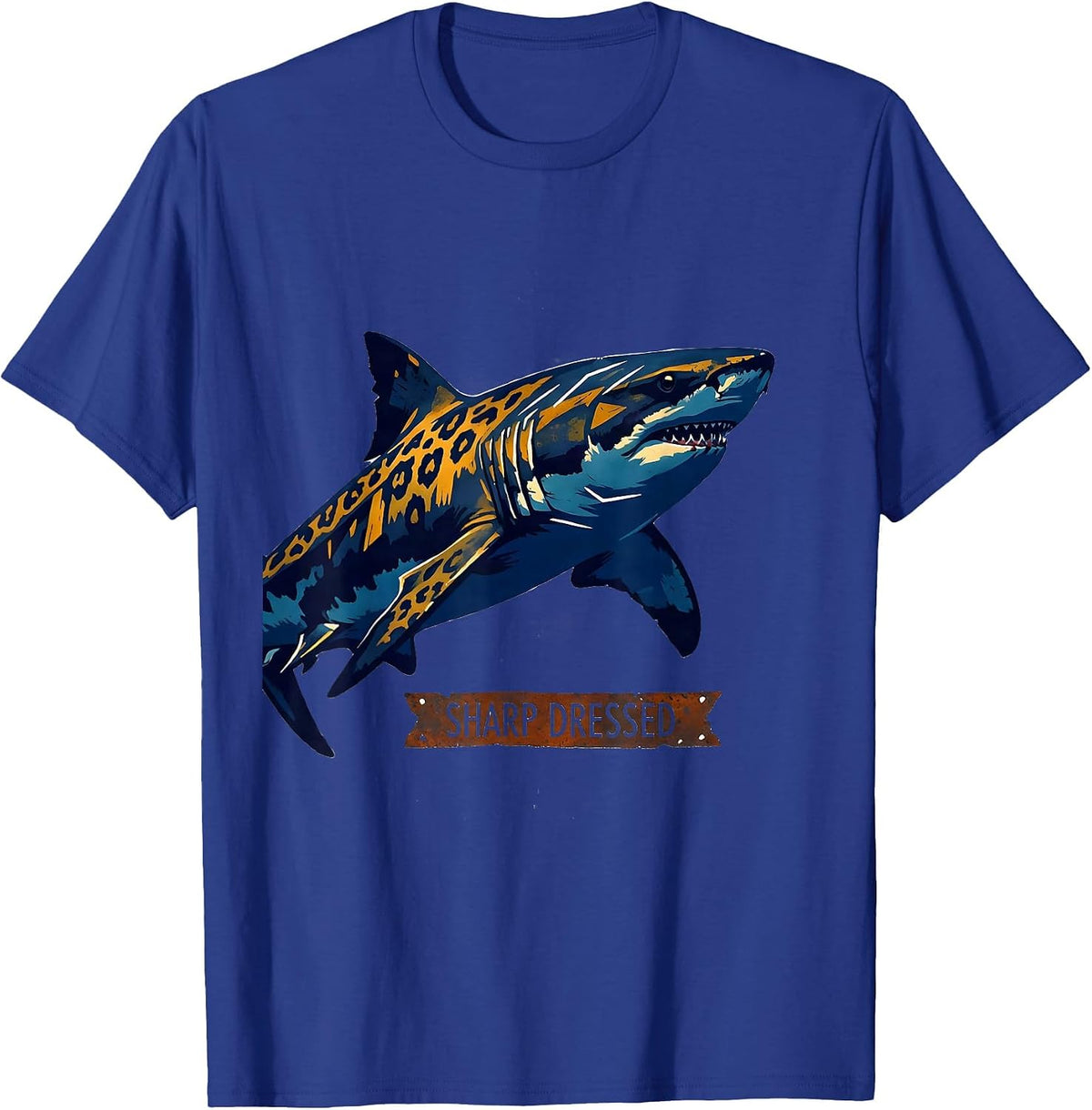 Men's Sharp Dressed Linocut Leopard Shark Humor Marine Biology T-Shirt - Royal Blue