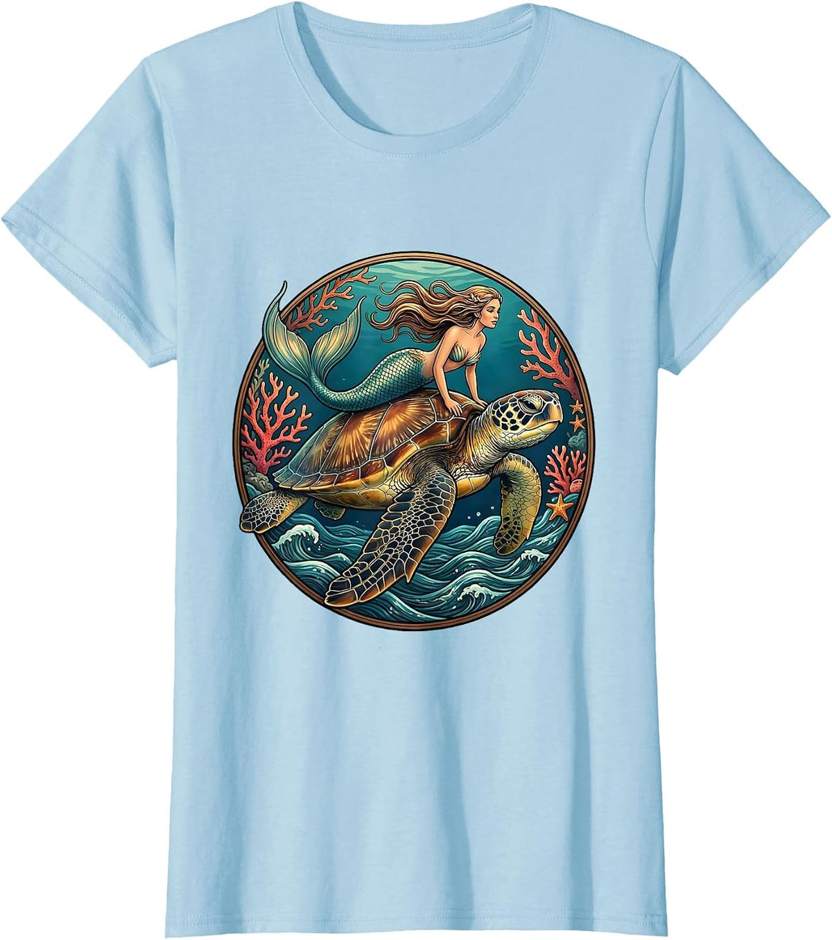 Mermaid Riding Giant Sea Turtle Ocean Art T-Shirt - Baby Blue