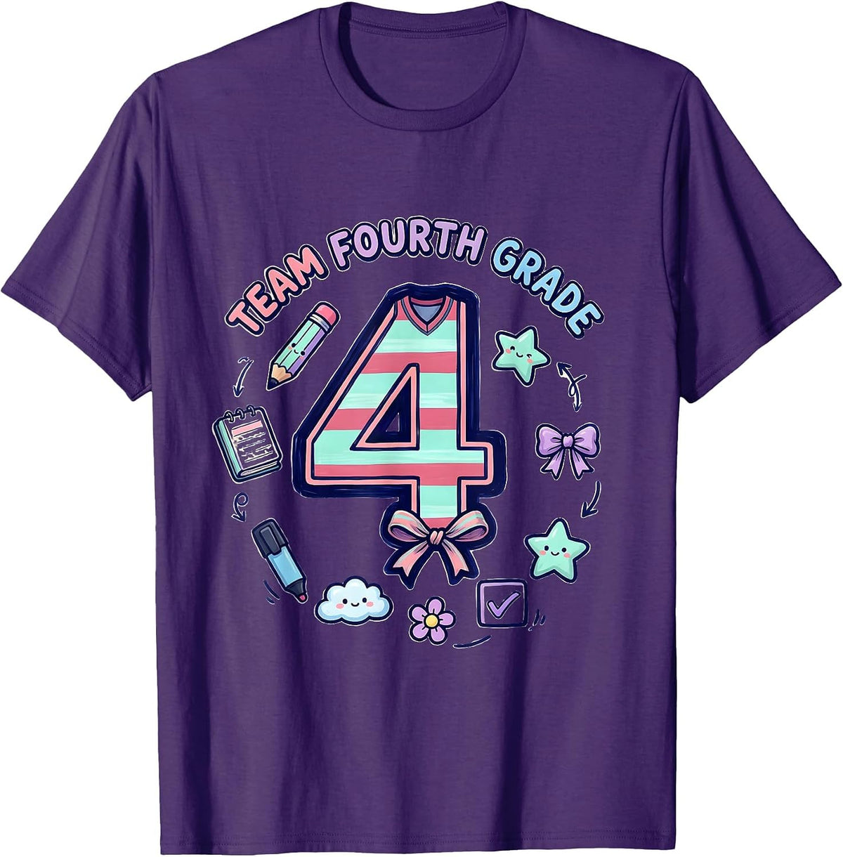 Men's Team Fourth Grade Kawaii Doodle Coquette Bow Back To School T-Shirt - Purple