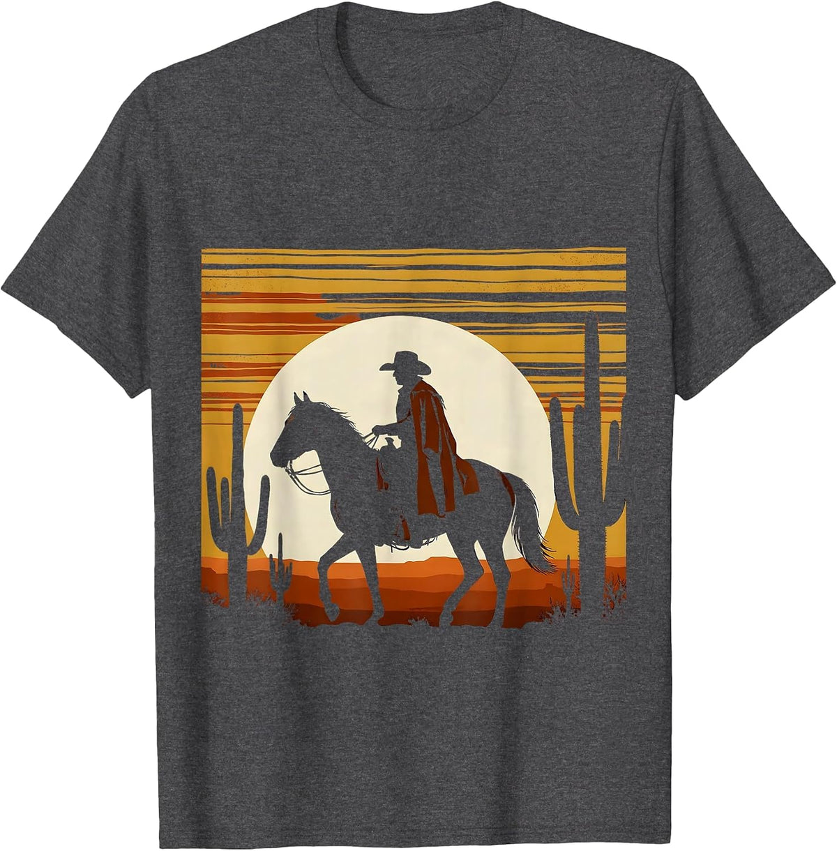 Cowboy Silhouette Riding Into Desert Sunset T-Shirt - Dark Heather Grey
