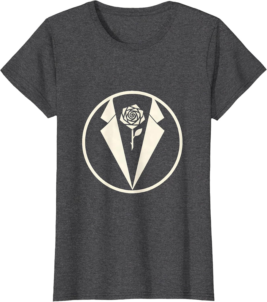 Women's Tuxedo Lapel Boutonniere Rose Illustration T-Shirt - Dark Heather Grey