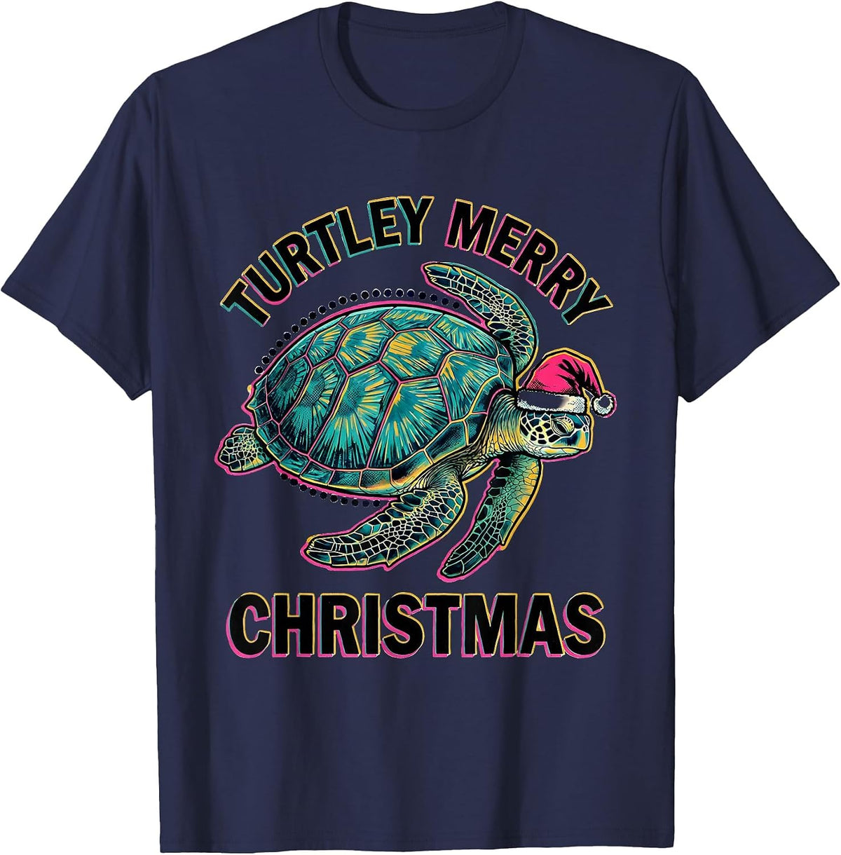 Men's Turtley Merry Christmas Risograph Sea Turtle Santa Hat T-Shirt - Navy Blue
