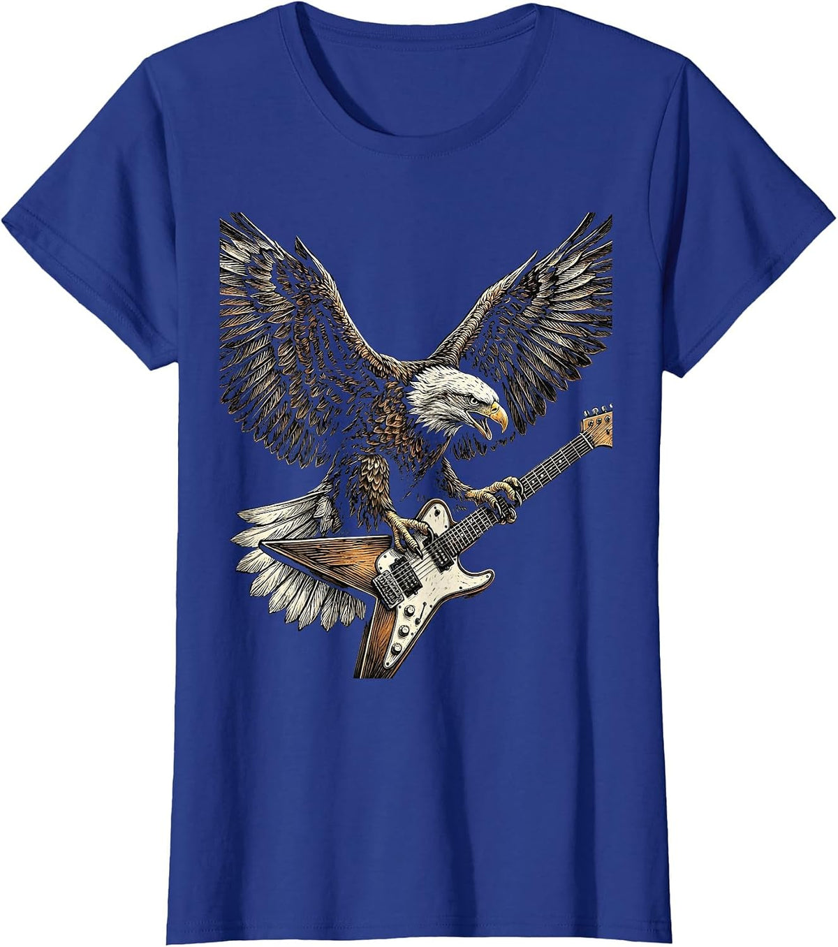 Women's Bald Eagle Flying-V Guitar Rock and Roll Graphic T-Shirt - Royal Blue