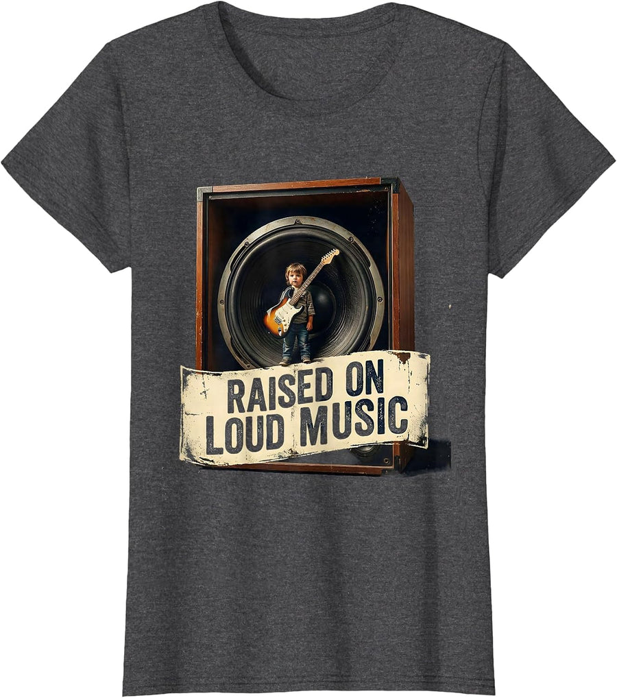 Women's Raised On Loud Music Vintage Funny Heavy Metal Kid Fan T-Shirt - Dark Heather Grey