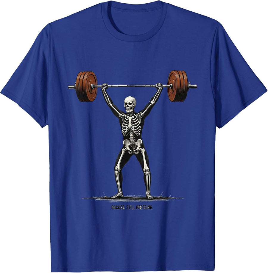 Racked. Still Pressing Funny Skeleton Gym Workout T-Shirt - Royal Blue