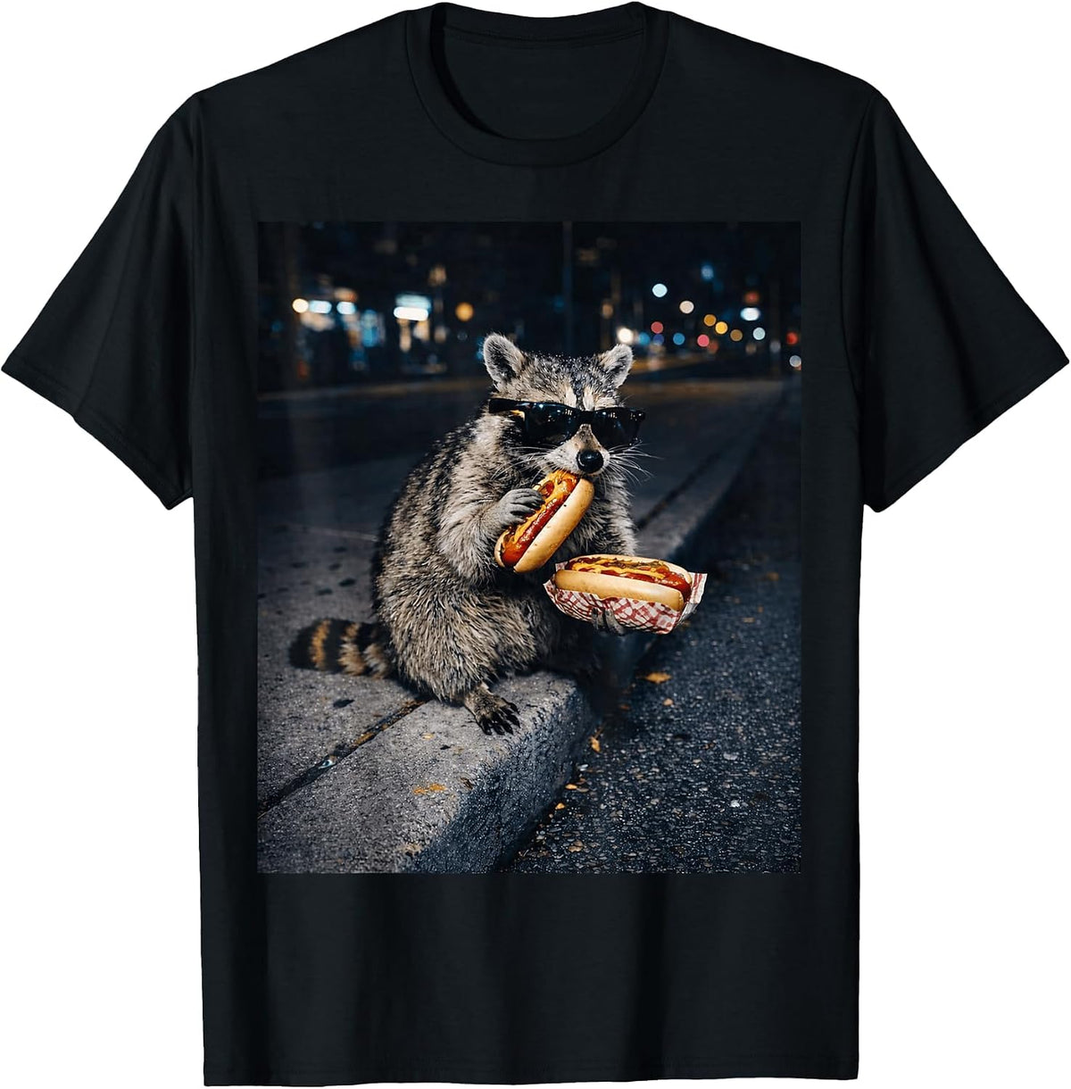Raccoon Eating Hot Dogs Meme Hungry Trash Panda Snack Animal T-Shirt - Black