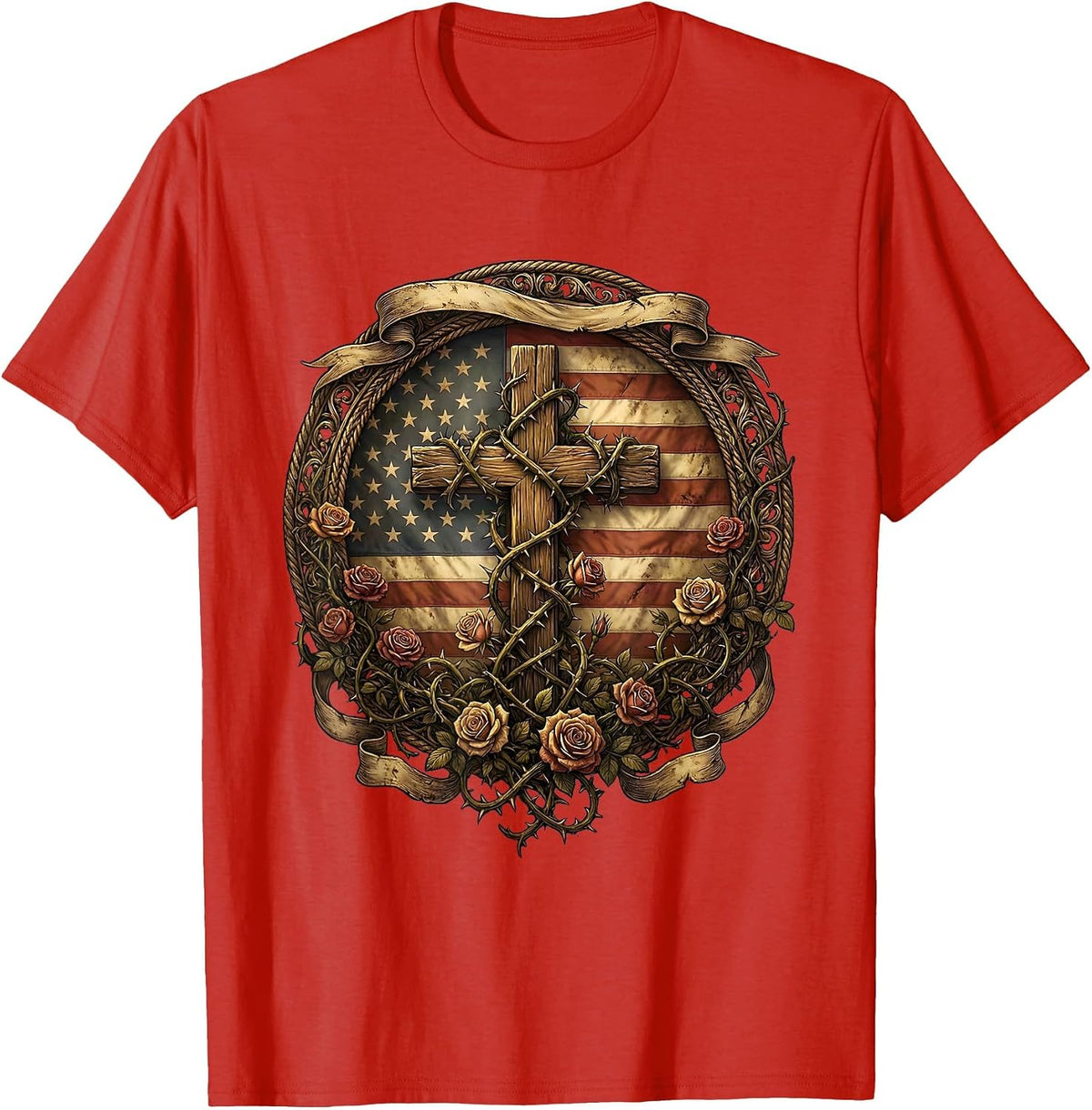 Men's Cross Wrapped in Thorny Rose Vines Graphic T-Shirt - Red