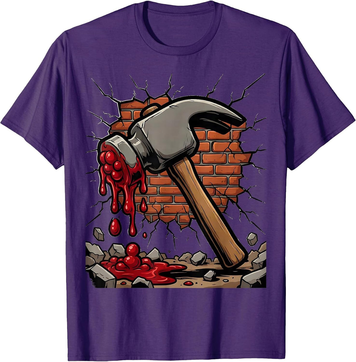 Bloody Hammer Cracked Wall Graphic Design T-Shirt - Purple
