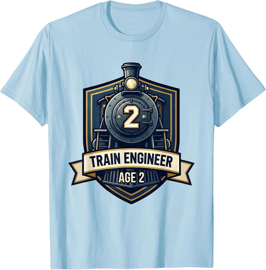 Men's Train Engineer Age 2 Toddler Birthday Train Lover Humor T-Shirt - Baby Blue