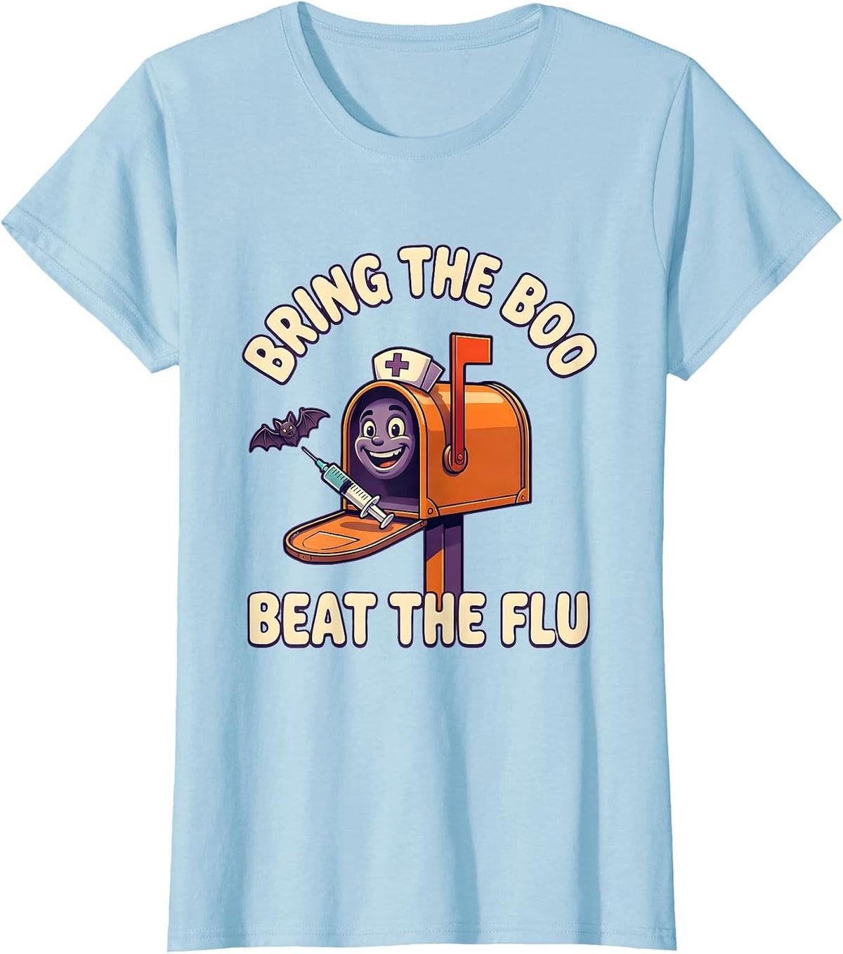 Bring The Boo Beat The Flu Funny Nurse Halloween Vaccine T-Shirt - Baby Blue