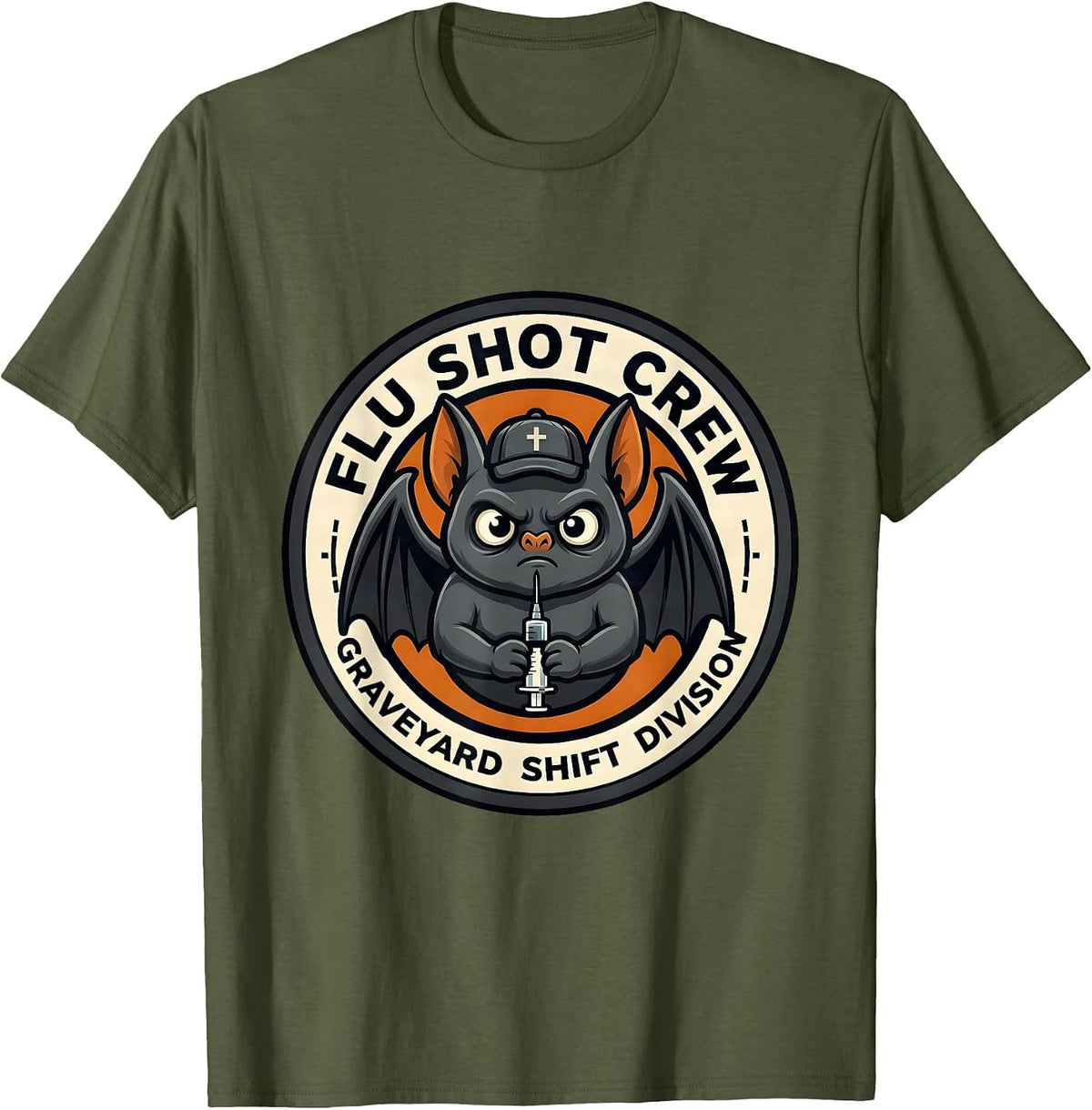 Men's Flu Shot Crew Graveyard Shift Division Nurse T-Shirt - Olive Green