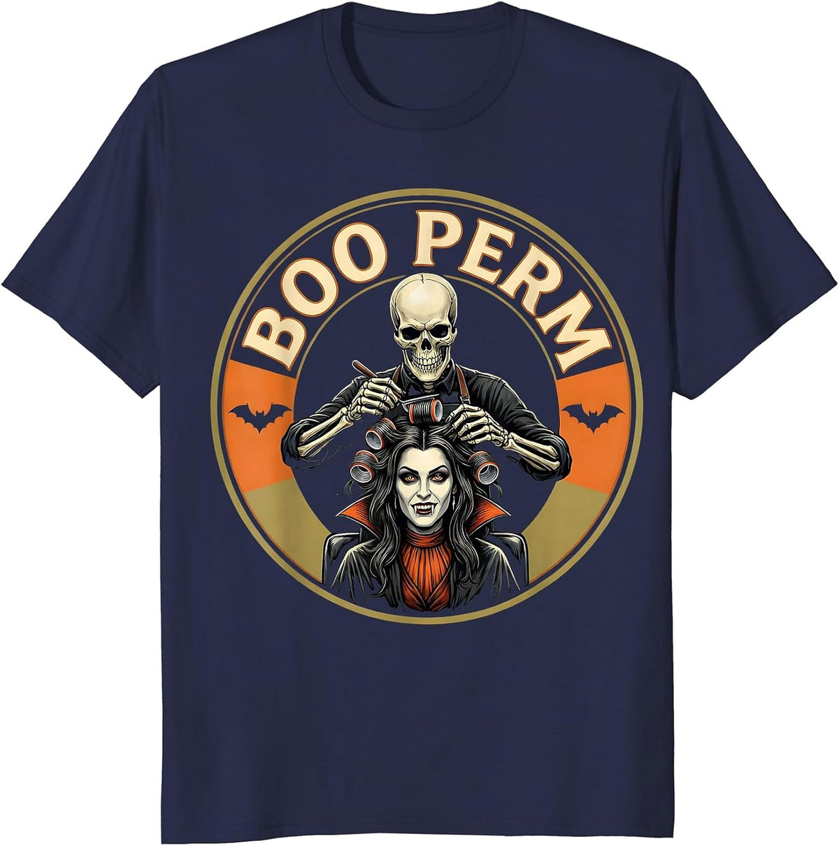 Men's Boo Perm Funny Skeleton Hairstylist Halloween Barber Humor T-Shirt - Navy Blue
