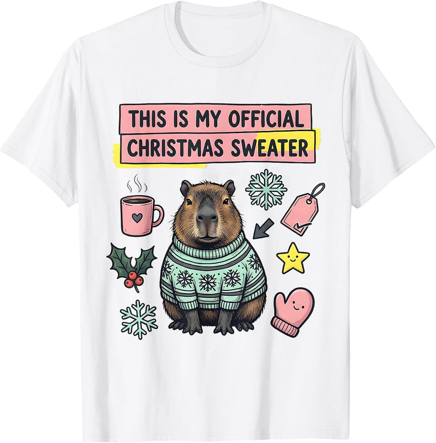 Men's This Is My Official Christmas Sweater Kawaii Doodle Capybara T-Shirt - White