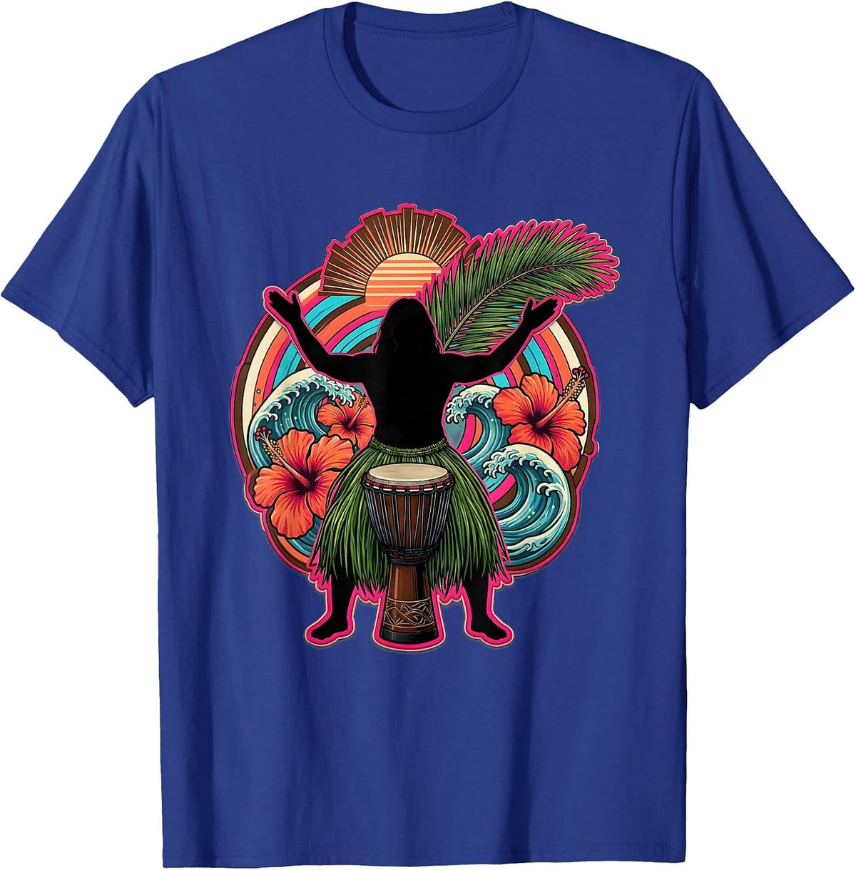 Hawaiian Steel Drum Player Grass Skirt Illustration T-Shirt - Royal Blue