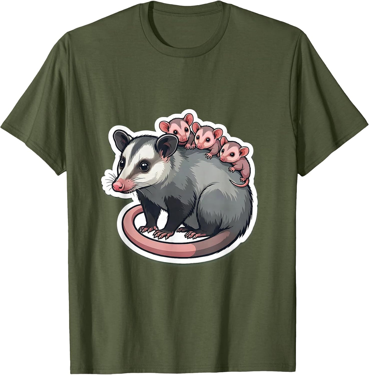 Opossum Mother With Babies Riding on Her Back T-Shirt - Olive Green