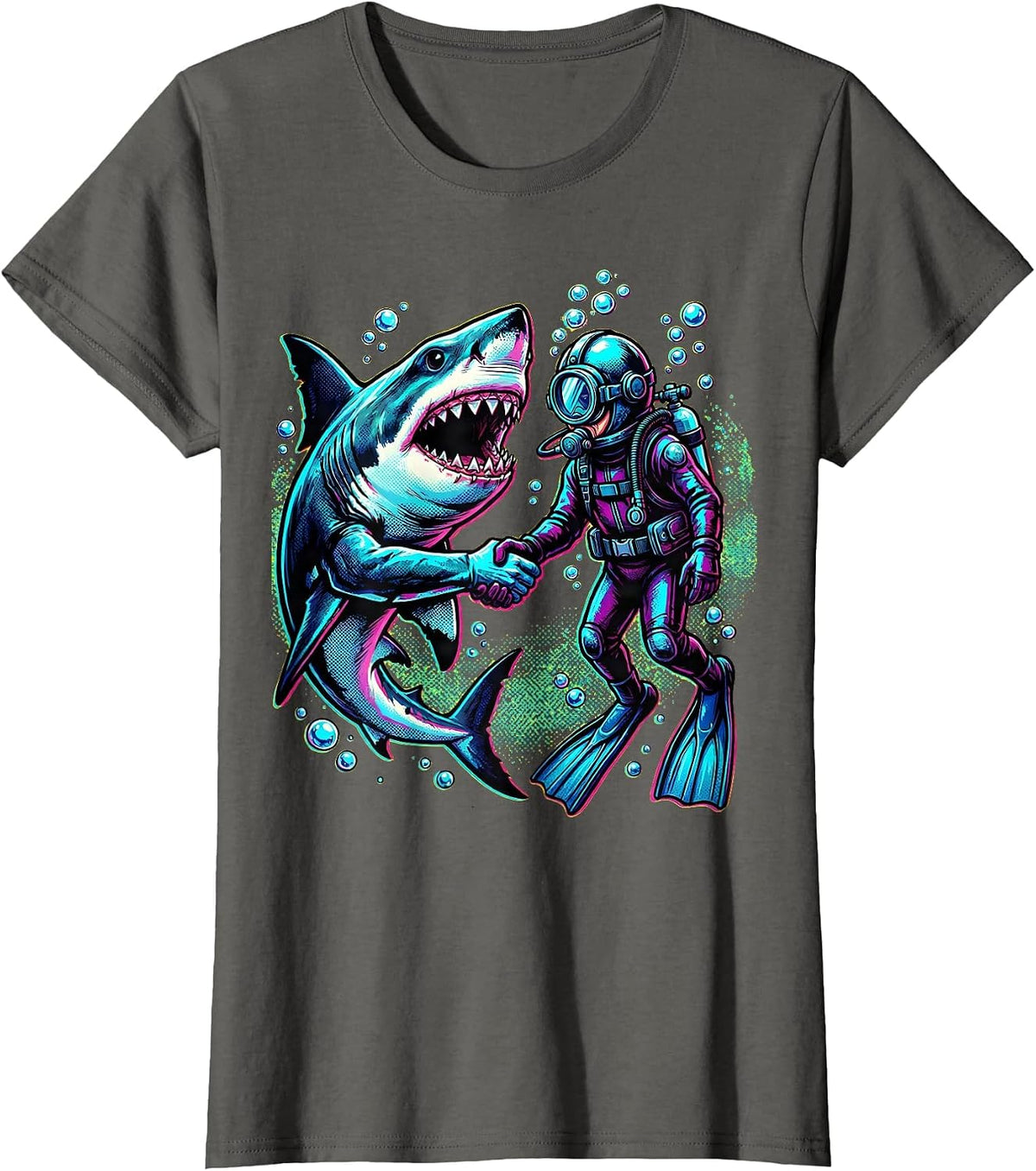 Women's Shark and Diver Holding Hands Underwater Art T-Shirt - Asphalt Grey