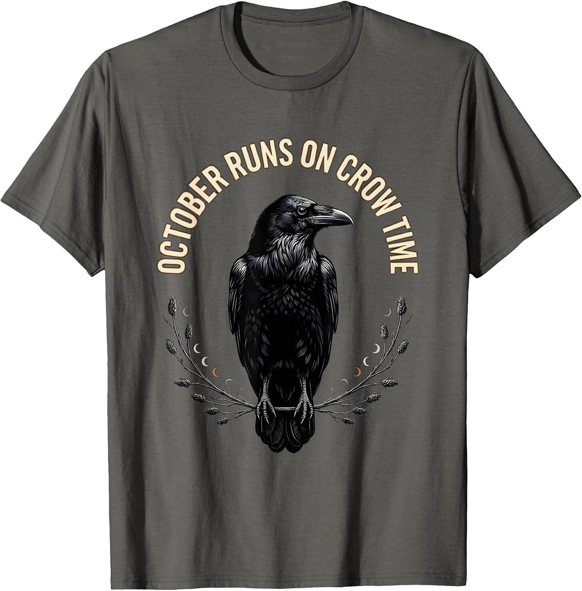 Men's October Runs On Crow Time Gothic Nature Bird Lover Art T-Shirt - Asphalt Grey