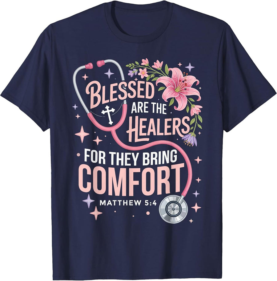 Blessed are The Healers Jesus Faith God CNA Christian Nurse T-Shirt - Navy Blue