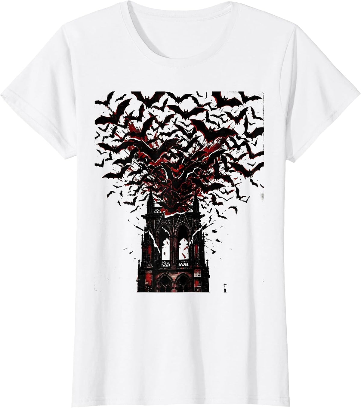 Bat Swarm Cathedral Bell Tower Heavy Metal Art T-Shirt - White