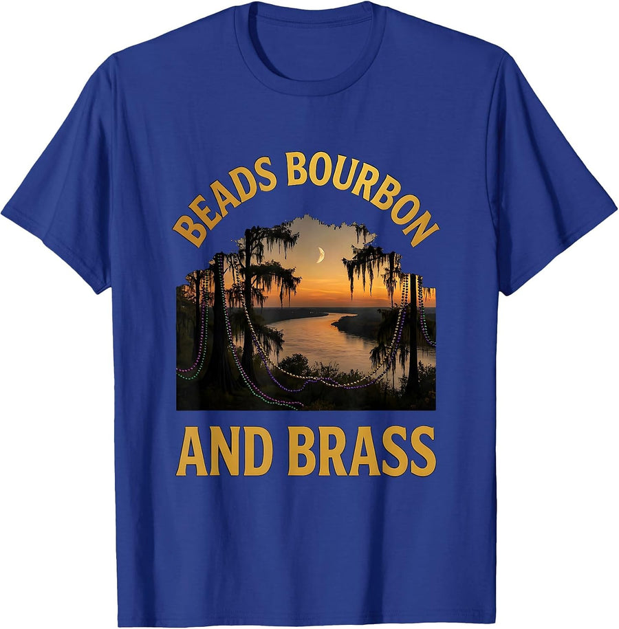 Beads Bourbon and Brass Mardi Gras Design T-Shirt - Royal Blue