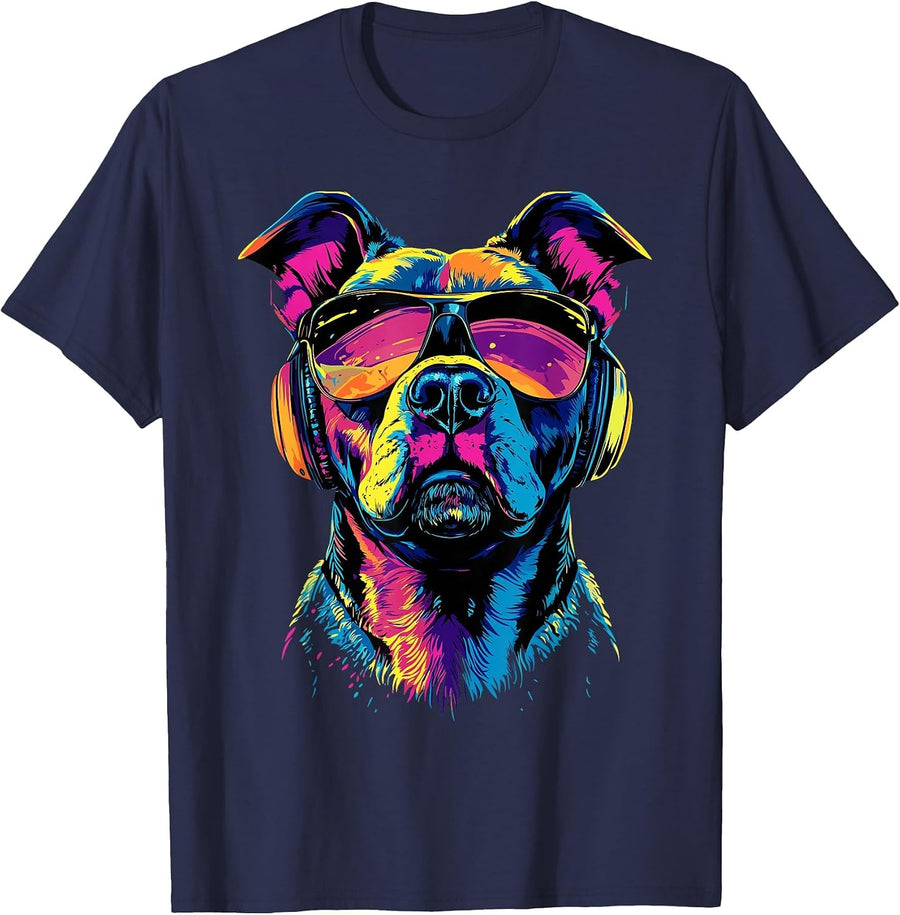 Pit Bull with Sunglasses Pittie American Pit Bull Terrier T-Shirt - Navy Blue