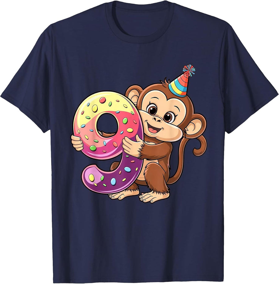 Monkey Birthday Age 9 Girl T-Shirt - Navy Blue