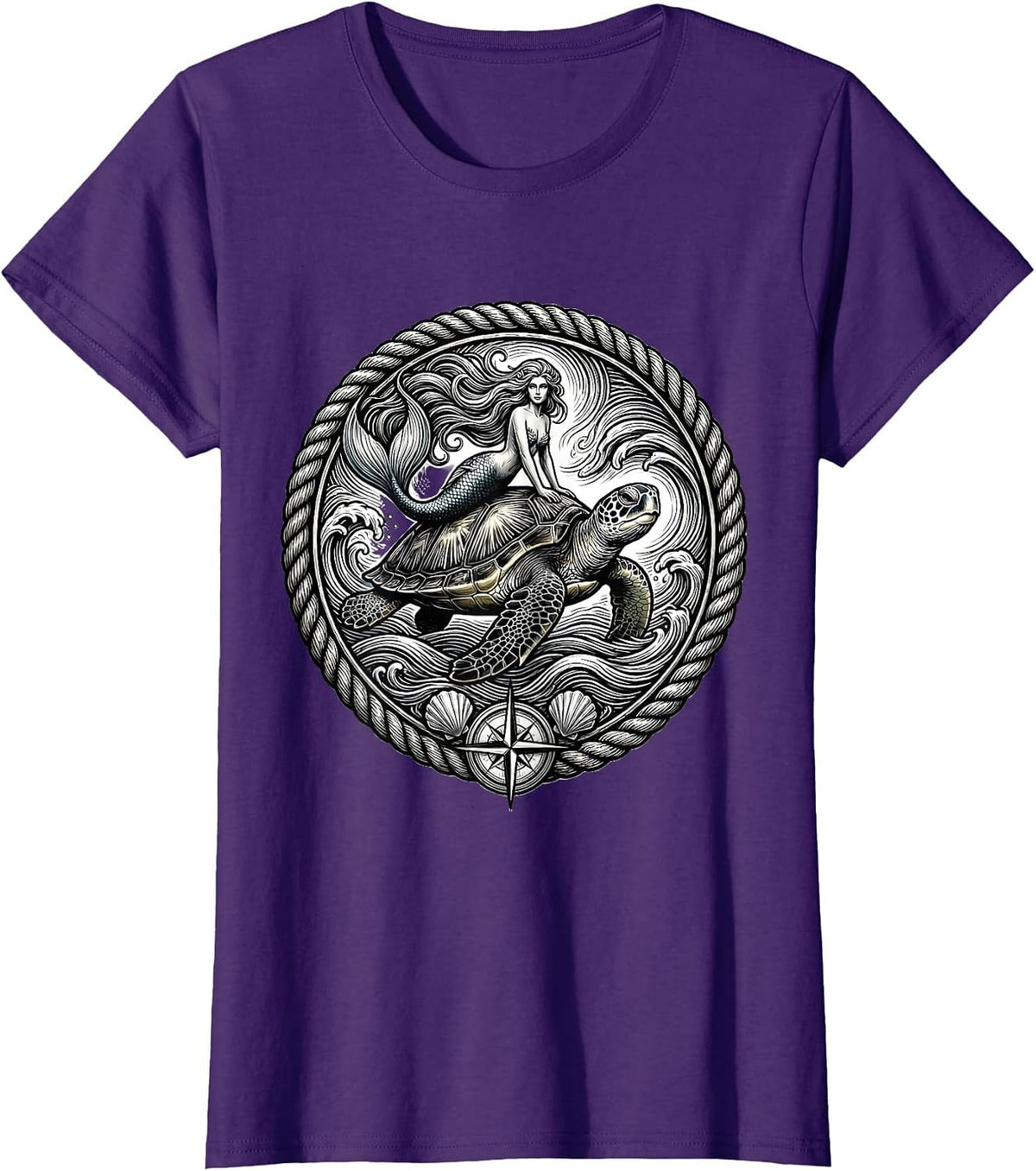 Women's Mermaid Riding Giant Sea Turtle Ocean Waves T-Shirt - Purple