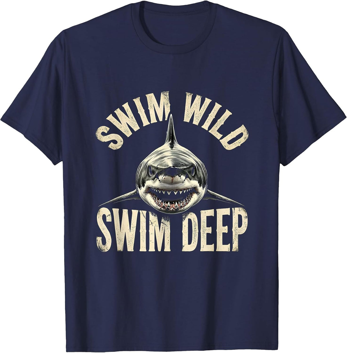 Men's Swim Wild Swim Deep Shark Graphic Design T-Shirt - Navy Blue