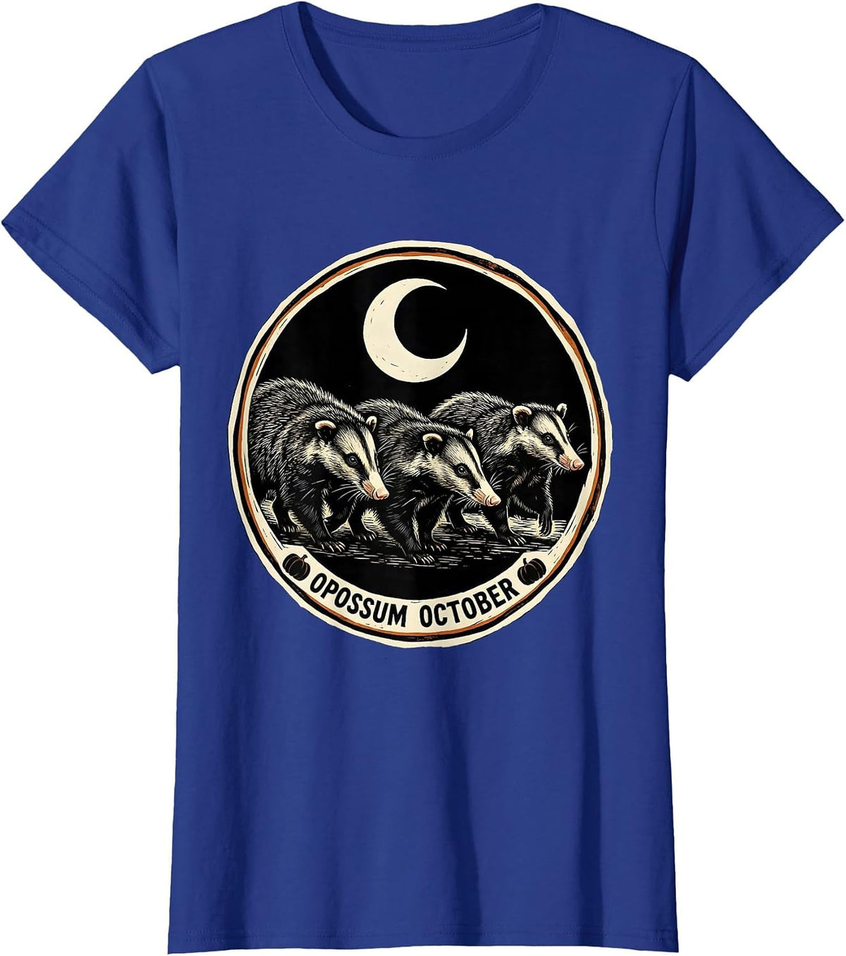 Women's Opossum October Linocut Vintage Spooky Halloween Moon T-Shirt - Royal Blue