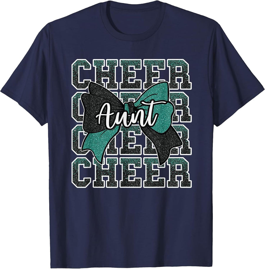 Cheer Aunt Bow Sport Cheerleader Cheerleading Green Black T-Shirt - Navy Blue