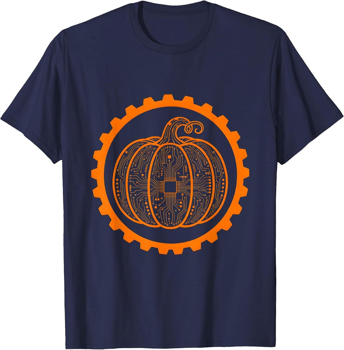 Pumpkin Circuit Board Tech Halloween Graphic T-Shirt - Navy Blue
