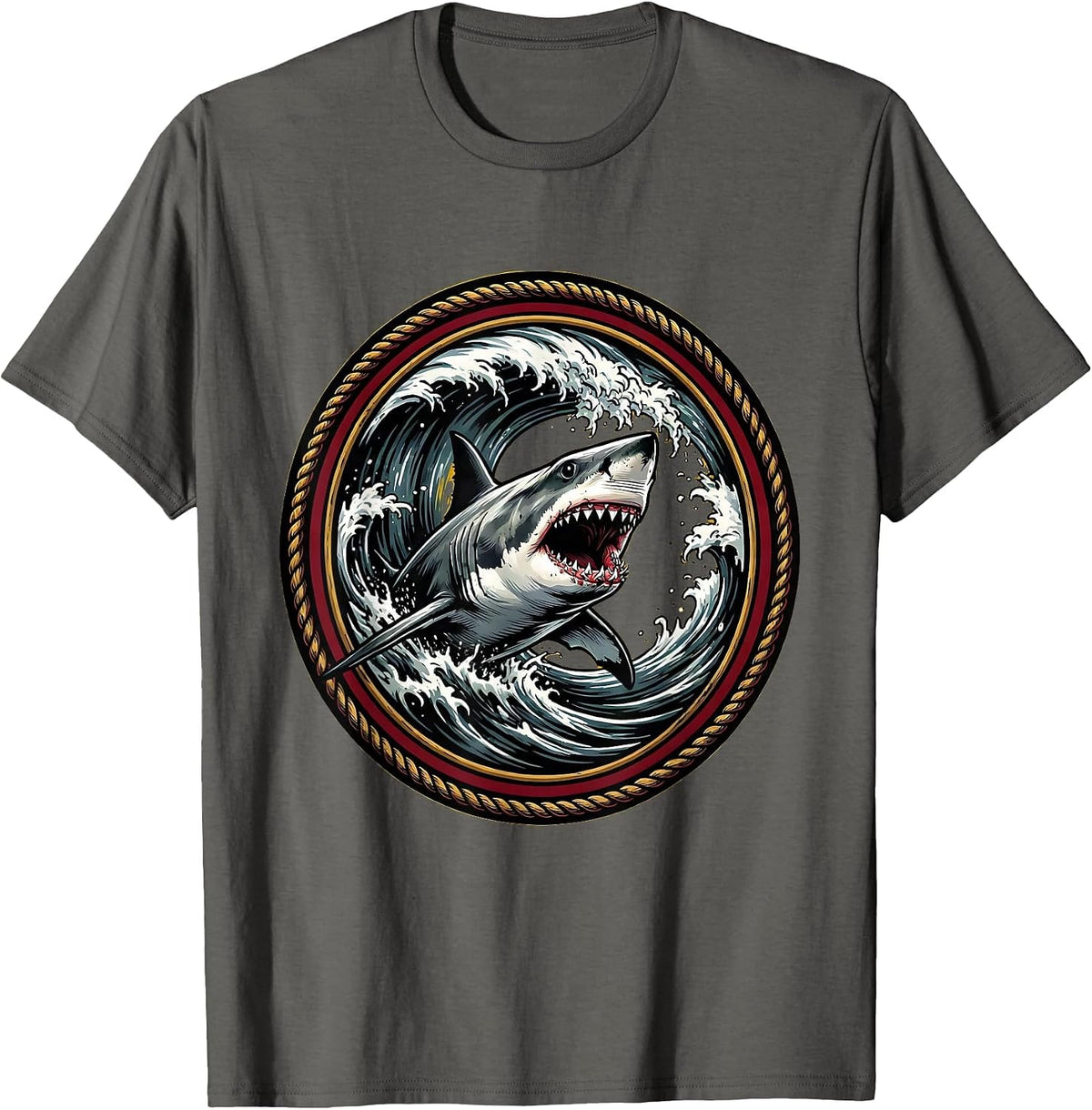 Shark Emerging From Crashing Barrel Wave T-Shirt - Asphalt Grey