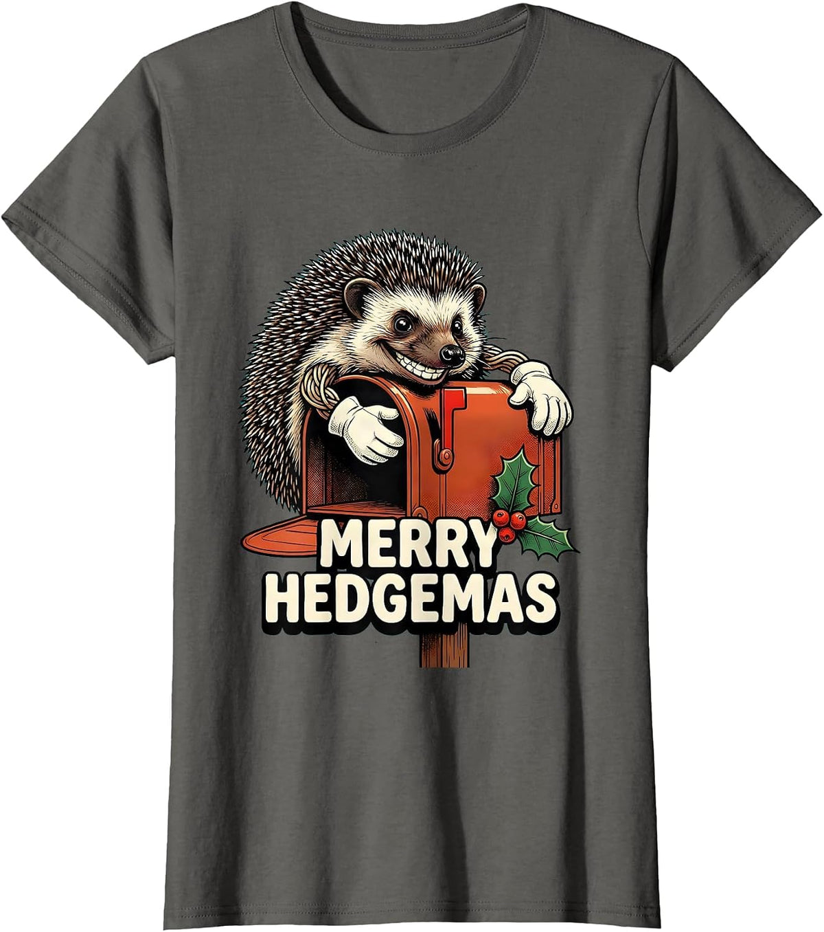 Women's Merry Hedgemas Retro Cartoon Hedgehog Christmas Humor T-Shirt - Asphalt Grey