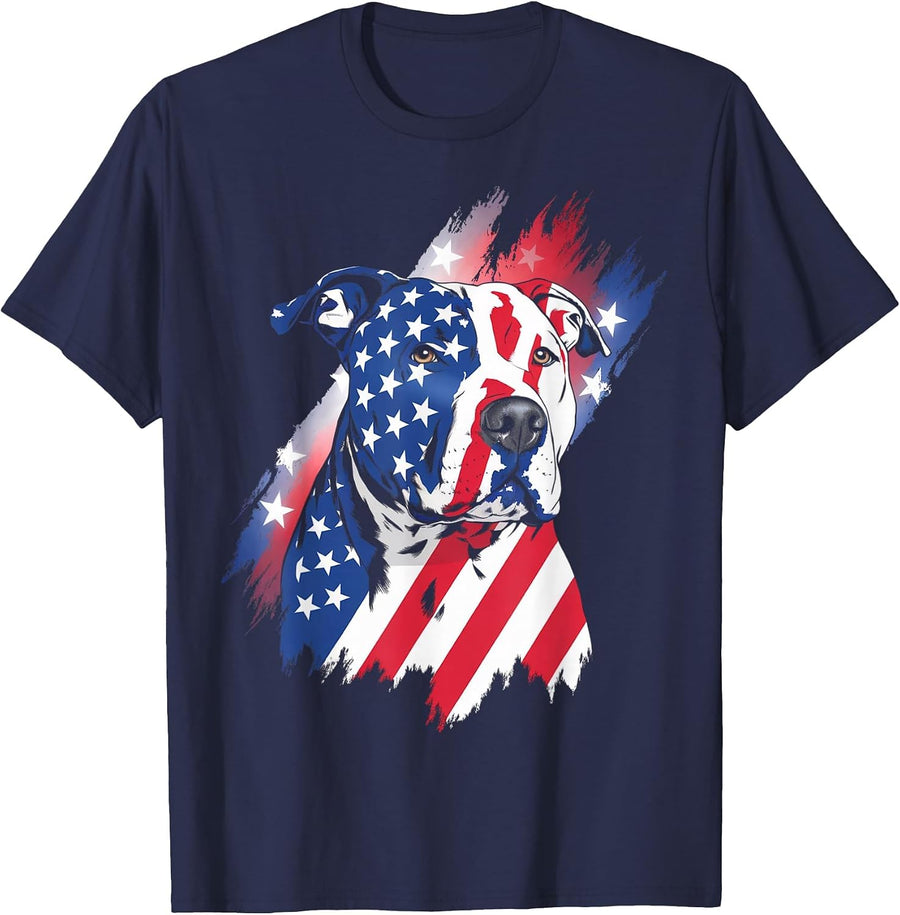 4th of July American Flag Patriotic Pitbull Terrier T-Shirt - Navy Blue